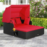 Red Rattan Daybed Lounge W/ Retractable Top Canopy Side Tables Cushions 56967008