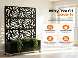 70.87" H 46.06" W Leaf Pattern Privacy Screen with Planter Box, Black Metal Freestanding 54051391
