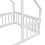 Twin Wood House-Shaped Floor Bed with Fence, Guardrails ,White W504P143290