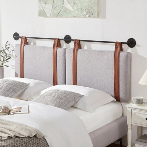 ZUN Wall Mounted Headboard Queen with Brown Faux Leather Straps, Linen Fabric Upholstered Headboard with T2694P188591