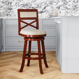 30" Bar Height X-Back Swivel Stool, Cherry Finish, Beige Fabric Seat B04660709