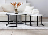 Set 2 Coffee Table Nesting White and gray top Black Frame Circular Round and Marble Pattern Wooden 68840643