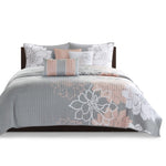 ZUN 6 Piece Printed Cotton Quilt Set with Throw Pillows Grey/Peach King/Cal King B03597571