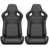 2PC New Universal Bucket Racing Seats Black Stitch Black PVC Leather Reclinable Carbon Look Leather W1739P301124