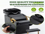 Large Shampoo Bowl & Chair Set with Footstool Black & Gold Barber Backwash Chair, Heavy Duty W1422P453659