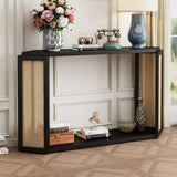 ZUN TREXM Unique Arrow-Shaped Design Console Table with Open Shelf and Rattan Side for Living Room and N715P228111B