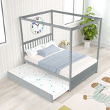 Full Size Canopy Bed with Twin Trundle, Kids Solid Wood Platform Bed Frame w/ Headboard, No Box W69740998