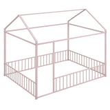 Full Size Metal Bed House Bed Frame with Fence, for Kids, Teens, Girls, Boys,Pink MF304787AAH