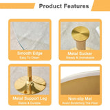 A 35-inch diameter glass top and a modern, minimalist round dining table with gold metal legs. Ideal W1151P263755