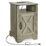 Farmhouse Nightstand Side Table, Wooden Rustic End Table, Tall Bedside Table with Electrical Outlets B082134938