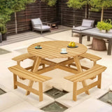 ZUN Outdoor 8 Person Picnic Table, 8 person Round Picnic Table with 4 Built-in Benches, Umbrella Hole, W2275P149764