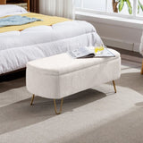 Ivory White Storage Ottoman for End of Bed Gold Legs, Modern Ivory White Faux Fur Entryway W117082032
