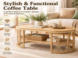 2-Tier Oval Coffee Table, 37.8" x 19.7" x 18.1", Melamine MDF & Iron Frame, Rattan Shelf, Wood Grain 74303718