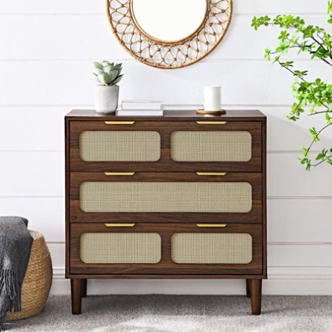 ZUN 3 drawer dresser, modern rattan dresser cabinet with wide drawers and metal handles, farmhouse W1781132479