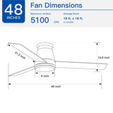 ZUN 48" White Blades Lowe Profile Ceiling Fans with Light W1367134171