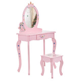 ZUN Kids Vanity Table and Chair Set, Girls Vanity with Mirror & Stool, Cute Unicorn Design, Pretend Play 34860797