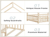 Queen Size Montessori Kids Floor Bed Frame, Playhouse Bed with Triangle Roof Frame, FullSurround 65737078