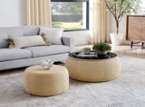 Round Storage Ottoman, Woven rattan fabric Ottoman, 2 in 1 Function, Work as End table and W487P215089