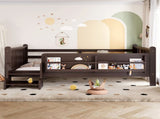 Full Size Floor Bed with Storage Bookcases, Solid Wood Kids Floor Bed with Cute Stairs and W1580P390226