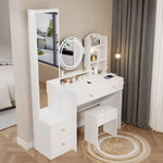 ZUN Full Body Mirror Cabinet + Round Mirror LED Vanity Table + Cushioned Stool, With 2 AC + 2 USB Power W936P160027