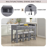 ZUN 4-piece Dining Bar Table Set with 3 Upholstered Stools, Multifunctional Dining Table with 3 Drawers 04804889