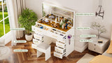 46"Glass Top Vanity Desk with 10 Drawers Makeup Vanity with Mirror and Stool,3 Lighting Modes W2887P311841