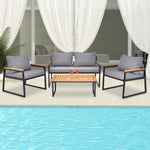 ZUN 4 Piece Outdoor Patio Lounge Conversation Set, Metal Frame with Acacia Wood Armrest & Tabletop 48002606