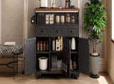 K&K 46.5'' Farmhouse Kitchen Island with Drape of Beads, Power Outlet, Rolling Kitchen Cart on N707P254872B