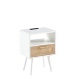 ZUN 15.75" Rattan End table with Power Outlet & USB Ports , Modern nightstand with drawer and solid wood W126573114