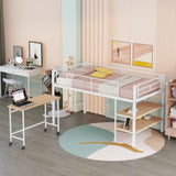 ZUN Twin Size Metal Loft Bed with Desk and Shelves,White MF292498AAK