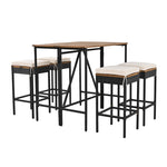 ZUN GO 5-Piece Outdoor Acacia Wood Bar Height Table And Four Stools With Cushions, Garden PE Rattan WF317873AAA
