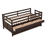 ZUN Low Loft Bed Twin Size with Full Safety Fence, Climbing ladder, Storage Drawers and Trundle Espresso WF312991AAP