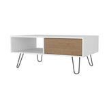 White and Natural Oak Coffee Table with 1-Drawer and Hairpin Legs B062P290226
