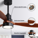 ZUN 52 Inch Wooden Ceiling Fan With 3 Solid Wood Blades Remote Control Reversible DC Motor With Led 99114376