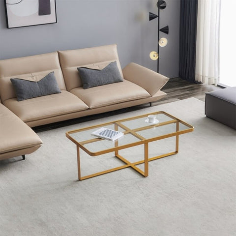 ZUN Minimalism rectangle coffee table,Golden metal frame with tempered glass tabletop W24738712