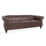 84.65" Dark Brown PU Rolled Arm Chesterfield Three Seater Sofa. W68035342