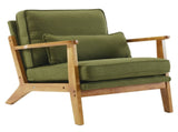 Mid-Century Oak Accent Chair - Linen-Cotton Forest Green Upholstered Single Lounge Chair, Indoor 45317043