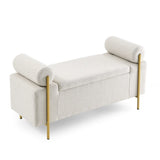 Elegant Upholstered Linen Storage Bench with Cylindrical Arms and Iron Legs for Hallway Living Room W487128011