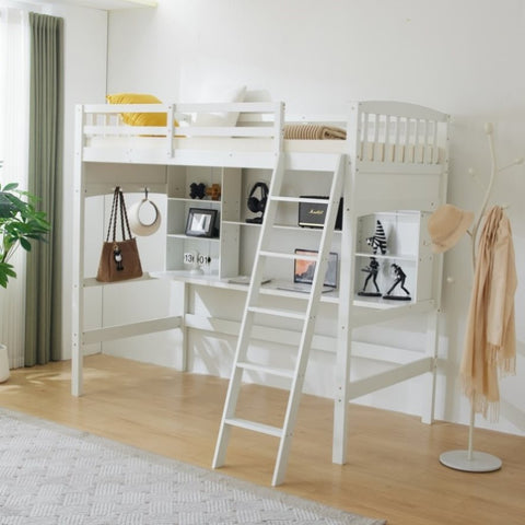 ZUN Loft bed with shelf with desk inclined ladder white twin wooden bed pine particle board N101 USA 82266150