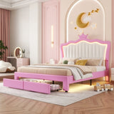 Full Size Upholstered Bed Frame with LED Lights, Modern Upholstered Princess Bed with Crown W2770P190367