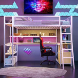 Twin Size Metal Loft Bed with Built-in Work Station, LED and Multiple Storage, White 81360789