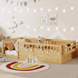 Twin Montessori Floor Bed Frame with High Rails, Wood Kids Floor Beds with Light and Storage Shelf, W2593P333571