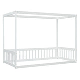 Twin Size Canopy Frame Floor Bed with Fence, Guardrails,White W504P143278
