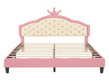 Full Size Lovely Crown Fantasy PU Leather Princess Bed with Tufted Headboard, PinkCream 47837791