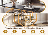 39.5" Modern Sofa Table with 4-Tier Storage, Black & Gold Console Table with Faux Marble Top for 50074188