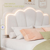 Twin Size Upholstered Flower-Shape Bed, Elegant Flowers Headboard with LED Light Strip , Sherpa N733P177307A