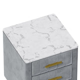 Upholstered Wooden Nightstand with 3 Drawers and Metal Legs&Handles, Bedside Table with Marbling N733P208520E