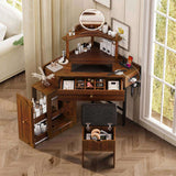 Corner Vanity Desk Set with Storage Cushioned Stool and Charging Station, Triangle Makeup Desk with 79371575