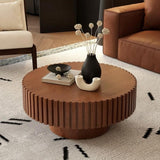 Round Coffee Table Handcrafted Relief Sturdy Pedestal Wooden Olive-Shaped Tea Table for Living Room W3081P255076