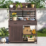 Brown Fir Wood Potting Bench - 5-Drawer Garden Workstation with Slatted Back Panel & Storage Cabinet N769P282380B